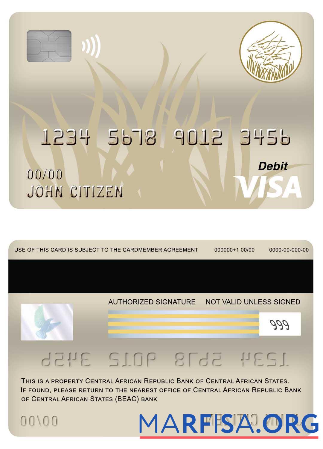 Downloadable Central African Republic Bank of Central African States (BEAC) bank visa debit card template